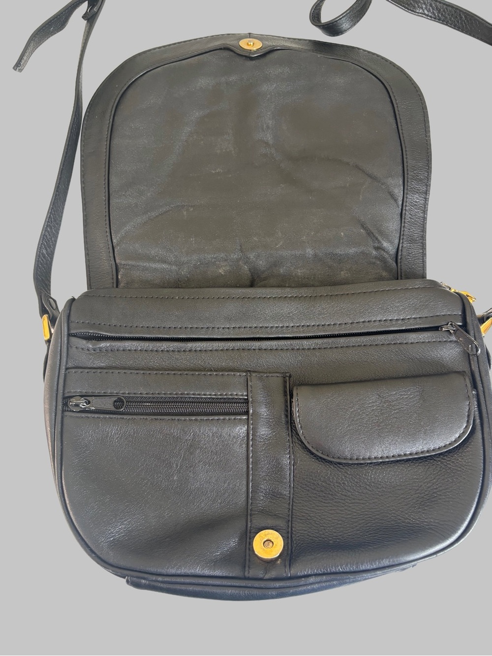 Vintage Charter Club Black Leather Flap Crossbody Bag Gold Medallion Accent - Picture 7 of 13